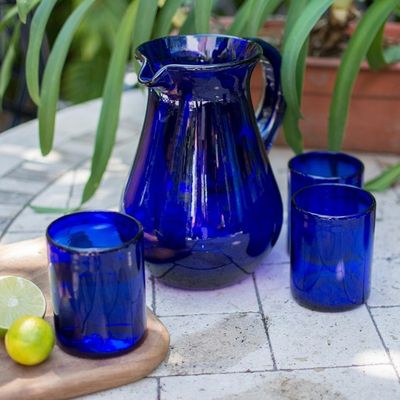 Alternate image for Blue Handcrafted Handblown Recycled Glass Pitcher Pure Cobalt