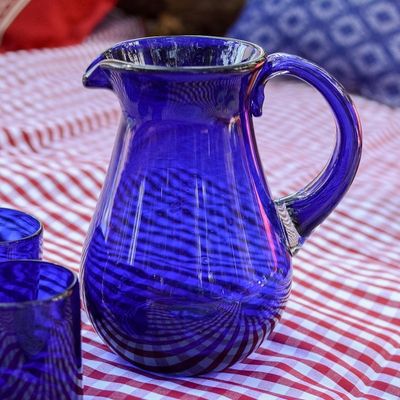 Alternate image for Blue Handcrafted Handblown Recycled Glass Pitcher Pure Cobalt