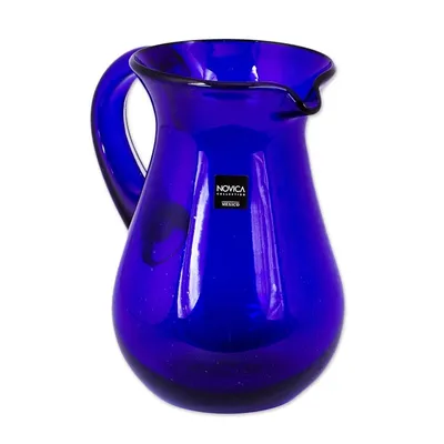 Alternate image for Blue Handcrafted Handblown Recycled Glass Pitcher Pure Cobalt