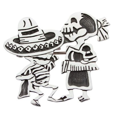 Alternate image for Day of the Dead Sterling Silver Brooch Pendant Skeletal Hat Dance