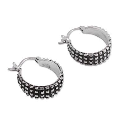 Alternate image for Combination Finish Sterling Silver Hoop Earrings from Mexico Ebbing Light