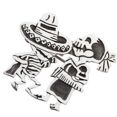 Alternate image for Day of the Dead Sterling Silver Brooch Pendant Skeletal Hat Dance