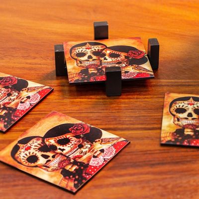 Alternate image for Set of 4 Decoupage Coasters with Day of the Dead Theme Day of the Dead Romance