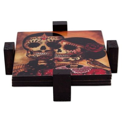 Alternate image for Set of 4 Decoupage Coasters with Day of the Dead Theme Day of the Dead Romance