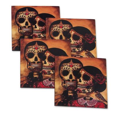 Alternate image for Set of 4 Decoupage Coasters with Day of the Dead Theme Day of the Dead Romance