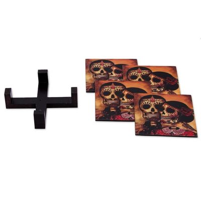 Alternate image for Set of 4 Decoupage Coasters with Day of the Dead Theme Day of the Dead Romance