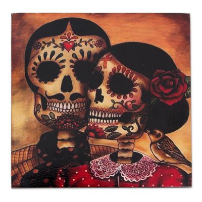 Alternate image for Set of 4 Decoupage Coasters with Day of the Dead Theme Day of the Dead Romance