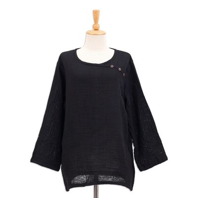 Alternate image for Long-Sleeve Cotton Gauze Blouse from Thailand Modern Look in Black
