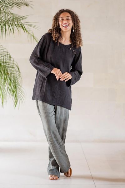 Alternate image for Long-Sleeve Cotton Gauze Blouse from Thailand Modern Look in Black