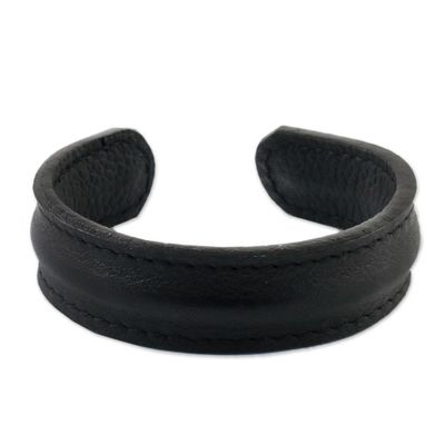 Alternate image for Handcrafted Black Leather Mens Cuff Bracelet from Thailand Basic Black