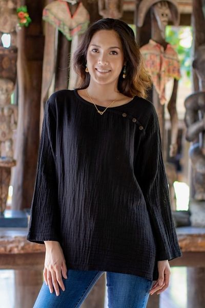 Alternate image for Long-Sleeve Cotton Gauze Blouse from Thailand Modern Look in Black