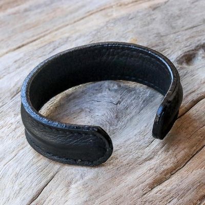 Alternate image for Handcrafted Black Leather Mens Cuff Bracelet from Thailand Basic Black