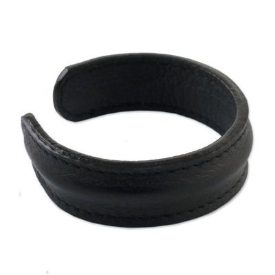 Alternate image for Handcrafted Black Leather Mens Cuff Bracelet from Thailand Basic Black
