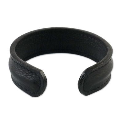 Alternate image for Handcrafted Black Leather Mens Cuff Bracelet from Thailand Basic Black