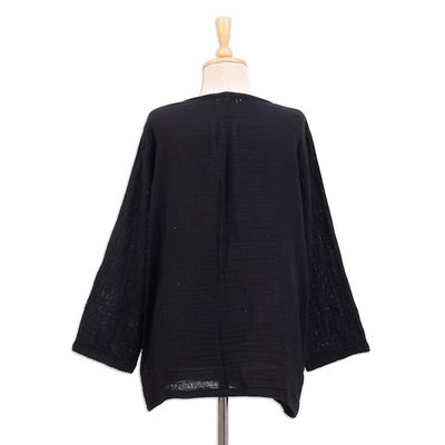 Alternate image for Long-Sleeve Cotton Gauze Blouse from Thailand Modern Look in Black