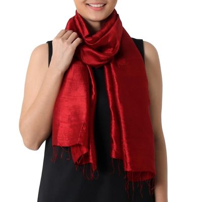 Alternate image for Hand Woven Fringed Silk Scarf in Crimson from Thailand Shimmering Crimson