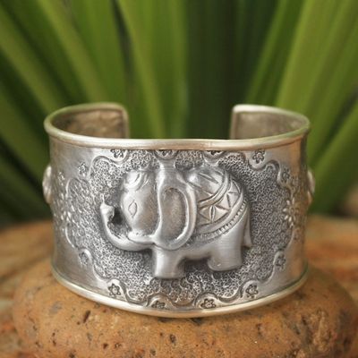 Alternate image for Handmade Sterling Silver Cuff Bracelet Hill Tribe Elephants