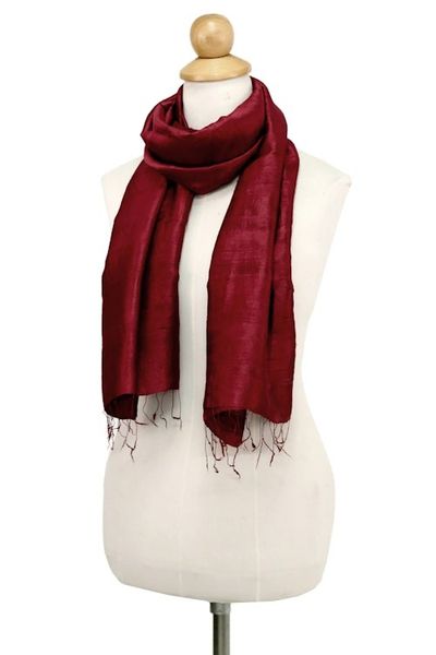 Alternate image for Hand Woven Fringed Silk Scarf in Crimson from Thailand Shimmering Crimson