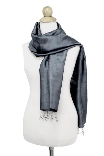 Alternate image for Hand Woven Fringed Silk Scarf in Iron Grey from Thailand Otherworldly in Iron Grey