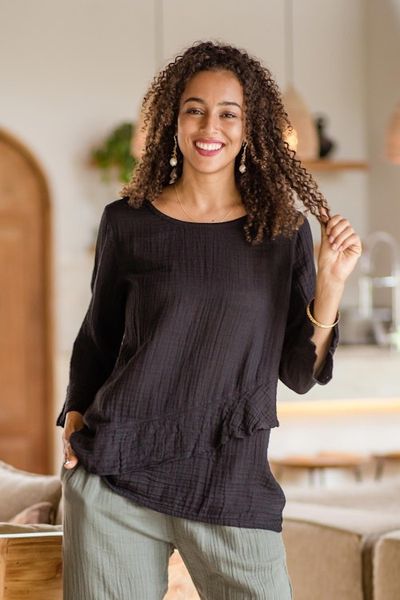 Alternate image for Black Cotton Gauze Blouse from Thailand Black Ruffles
