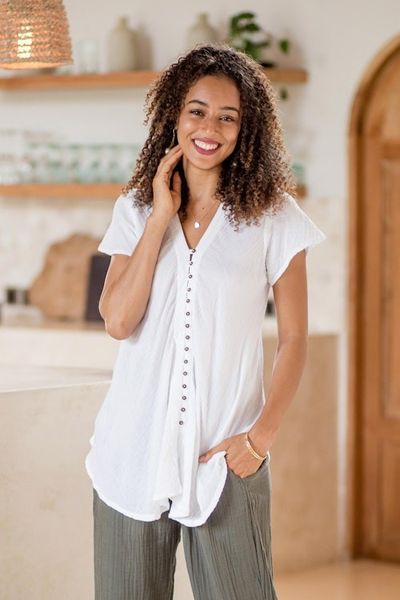 Alternate image for Buttoned Cotton Gauze Blouse with Short Sleeves White Flair