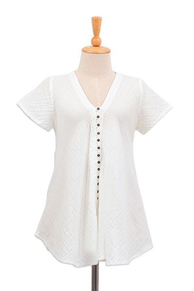Alternate image for Buttoned Cotton Gauze Blouse with Short Sleeves White Flair