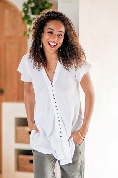 Alternate image for Buttoned Cotton Gauze Blouse with Short Sleeves White Flair
