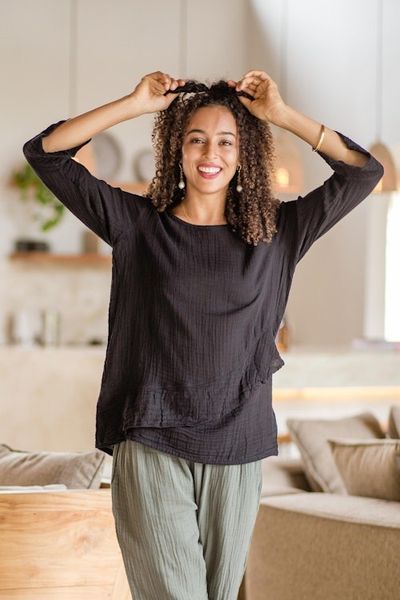 Alternate image for Black Cotton Gauze Blouse from Thailand Black Ruffles