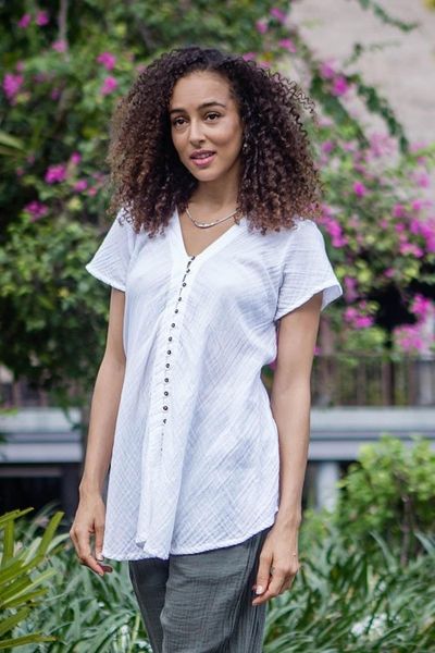 Alternate image for Buttoned Cotton Gauze Blouse with Short Sleeves White Flair