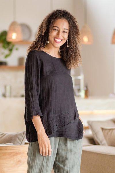 Alternate image for Black Cotton Gauze Blouse from Thailand Black Ruffles