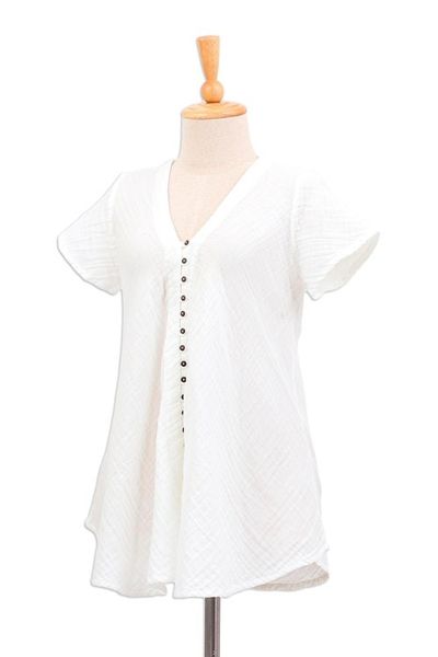 Alternate image for Buttoned Cotton Gauze Blouse with Short Sleeves White Flair