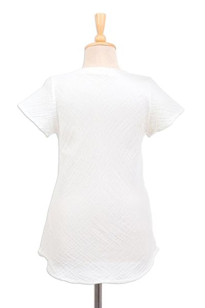 Alternate image for Buttoned Cotton Gauze Blouse with Short Sleeves White Flair