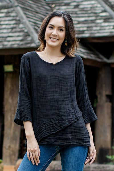 Alternate image for Black Cotton Gauze Blouse from Thailand Black Ruffles