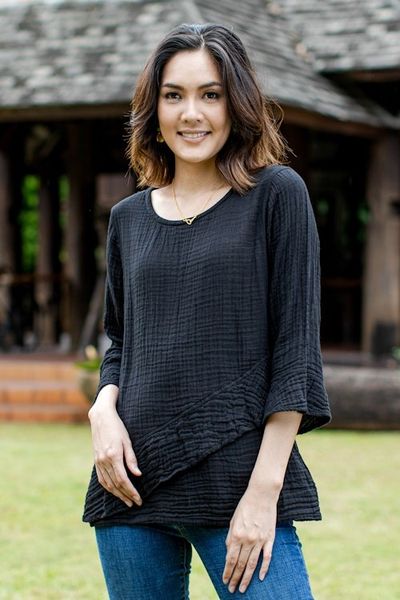 Alternate image for Black Cotton Gauze Blouse from Thailand Black Ruffles