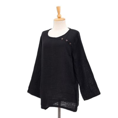 Alternate image for Black Cotton Gauze Blouse from Thailand Black Ruffles