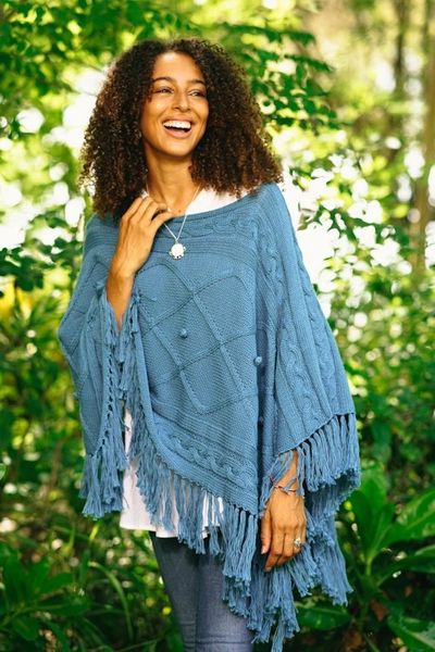 Alternate image for Short Knit Cotton Poncho in Cerulean from Thailand Charming Knit in Cerulean