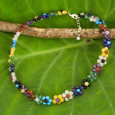 Alternate image for Colorful Multi Gemstone Flower Necklace from Thailand Rainbow Blooms