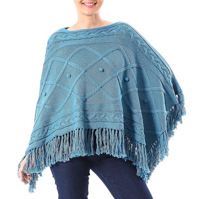 Alternate image for Short Knit Cotton Poncho in Cerulean from Thailand Charming Knit in Cerulean