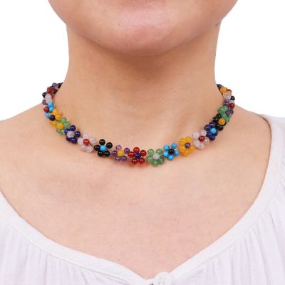 Alternate image for Colorful Multi Gemstone Flower Necklace from Thailand Rainbow Blooms
