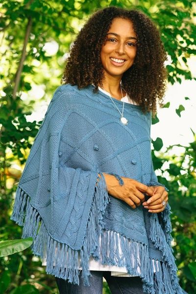 Alternate image for Short Knit Cotton Poncho in Cerulean from Thailand Charming Knit in Cerulean