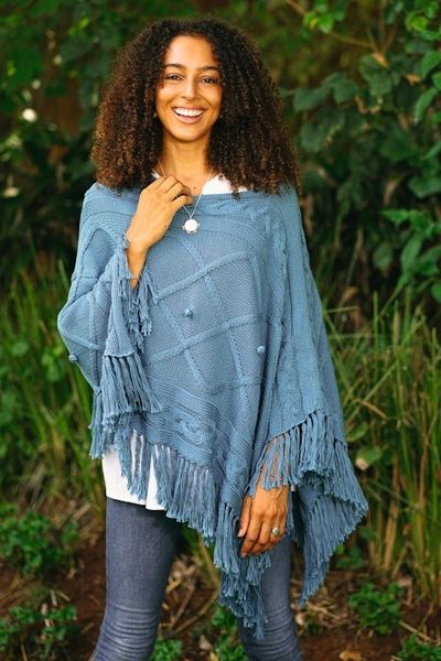 Alternate image for Short Knit Cotton Poncho in Cerulean from Thailand Charming Knit in Cerulean