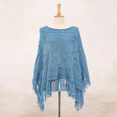 Alternate image for Short Knit Cotton Poncho in Cerulean from Thailand Charming Knit in Cerulean