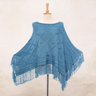 Alternate image for Short Knit Cotton Poncho in Cerulean from Thailand Charming Knit in Cerulean