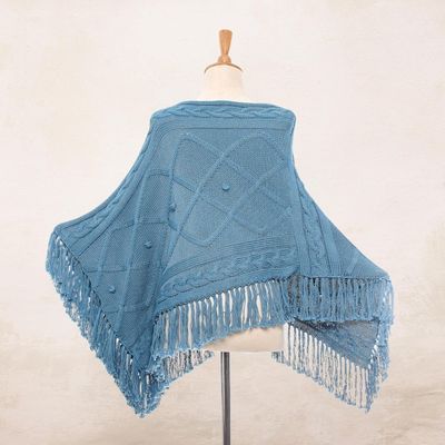 Alternate image for Short Knit Cotton Poncho in Cerulean from Thailand Charming Knit in Cerulean