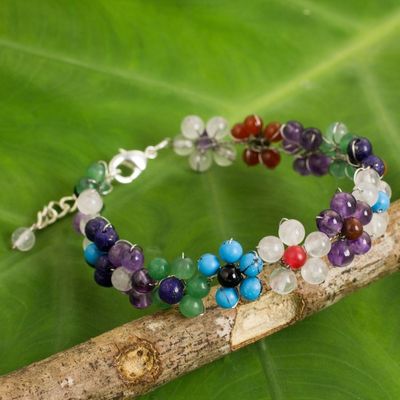Alternate image for Multicolored Gemstone Bead Bracelet with Floral Motif Rainbow Blooms