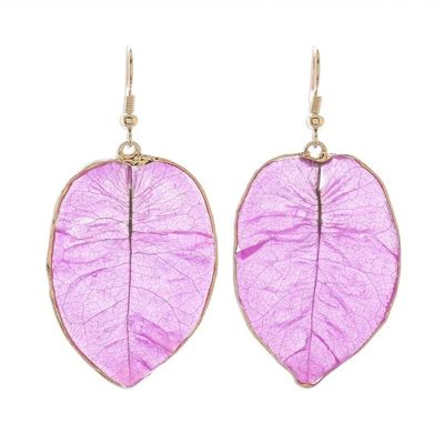 Alternate image for Gold Accented Natural Flower Dangle Earrings in Purple Bougainvillea Love in Purple