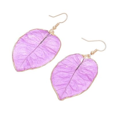 Alternate image for Gold Accented Natural Flower Dangle Earrings in Purple Bougainvillea Love in Purple