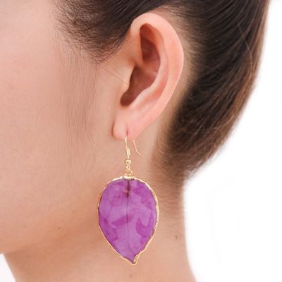 Alternate image for Gold Accented Natural Flower Dangle Earrings in Purple Bougainvillea Love in Purple