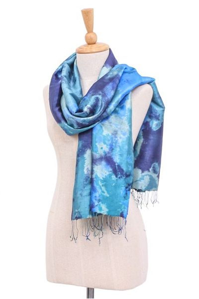 Alternate image for Dyed Blue Silk Shawl with Fringe Hand-Woven in Thailand Magical Sky