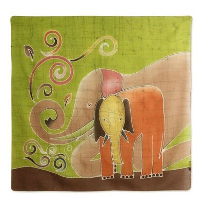 Alternate image for Hand Painted Thai Batik on Green Cotton Womens Scarf Elephant Family in Green